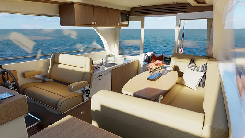 Slide: The Image of Luxurious interior of 2025 Legacy 12 yacht with ocean view and elegant seating. - 6