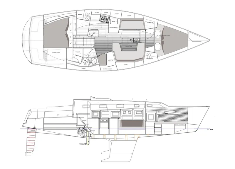 Slide: The Image of Tartan 365 yacht 2025 interior and side layout design blueprint. - 15