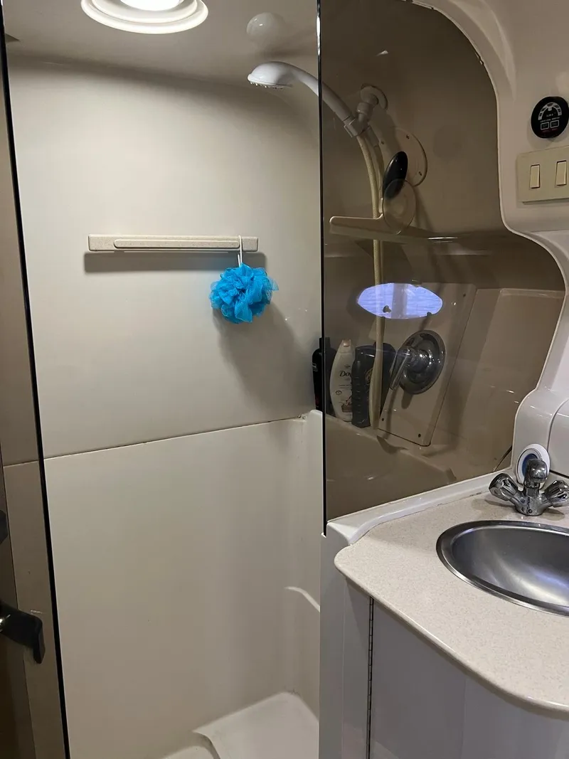 Slide: The Image of 1999 Regal 402 boat bathroom with shower, sink, and blue bath sponge. - 39