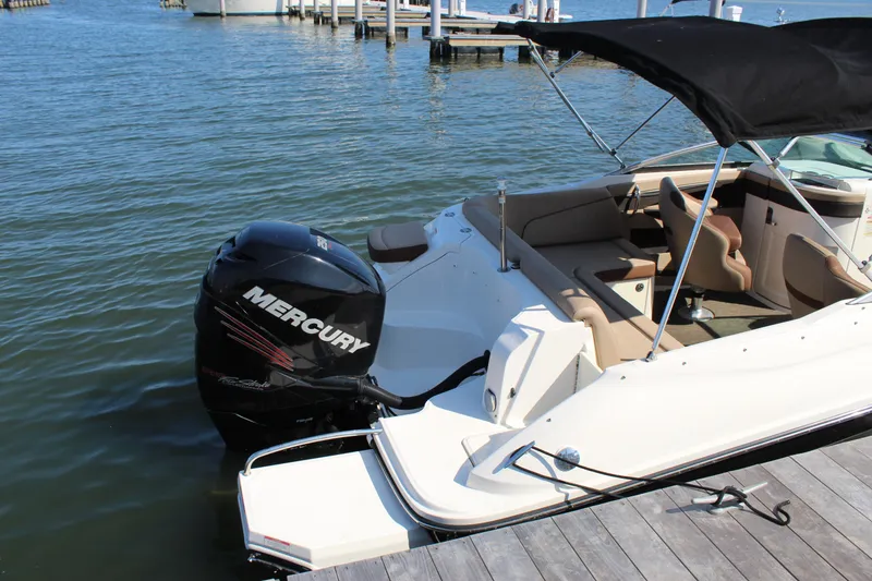 Slide: The Image of 2016 Sea Ray SunDeck 220 boat with Mercury outboard motor docked by the water. - 18