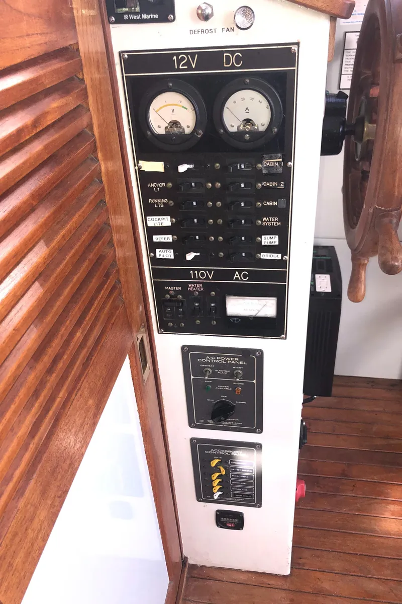 Slide: The Image of 1981 Rough Water 37 Sedan control panel with gauges and switches on wooden interior. - 27