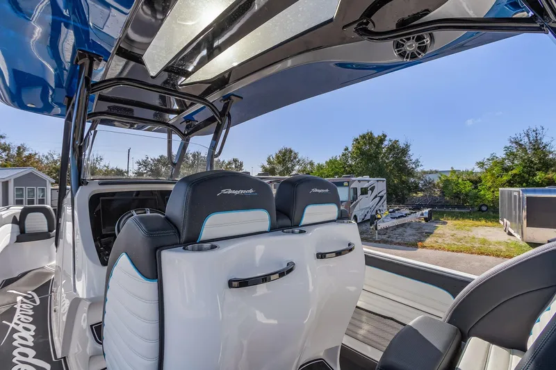 Slide: The Image of 2023 Renegade 38 Open boat interior with sleek seating and modern design. - 21