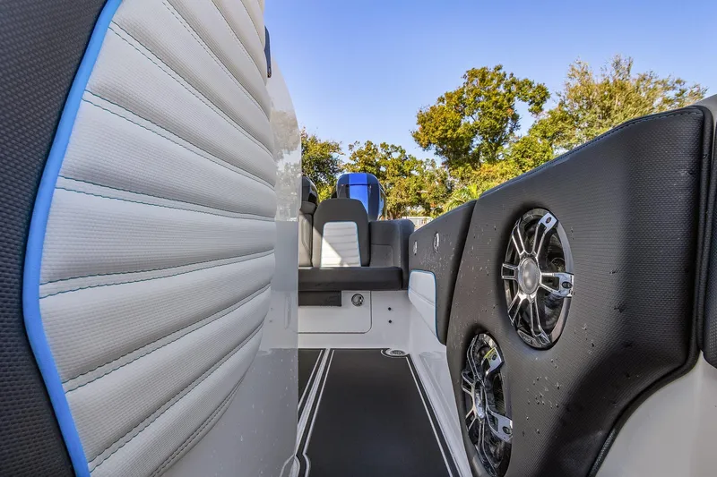Slide: The Image of 2023 Renegade 38 Open boat interior with sleek seating and modern speakers. - 22