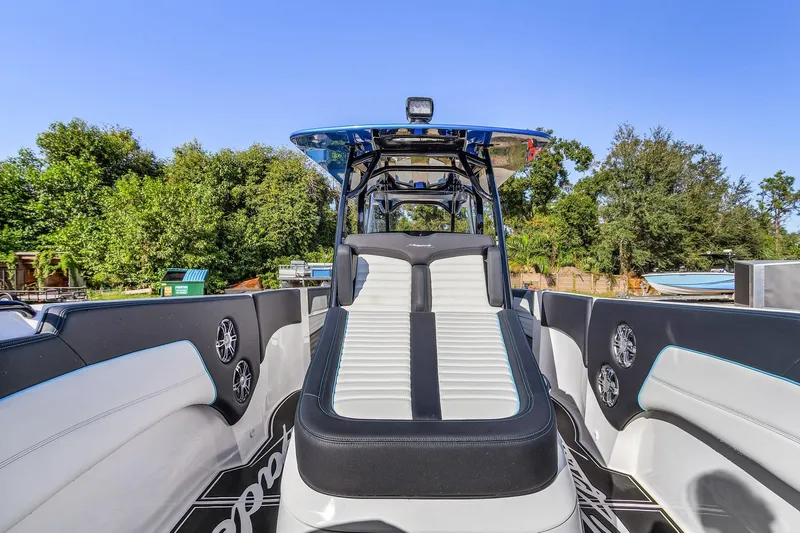 Slide: The Image of 2023 Renegade 38 Open boat interior with sleek seating and modern design. - 31