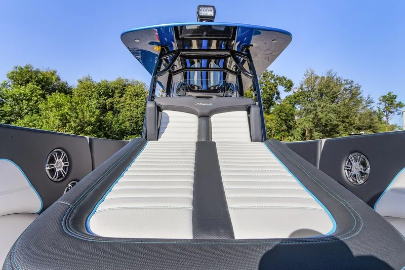 Slide: The Image of 2023 Renegade 38 Open boat interior with sleek seating and modern design. - 33