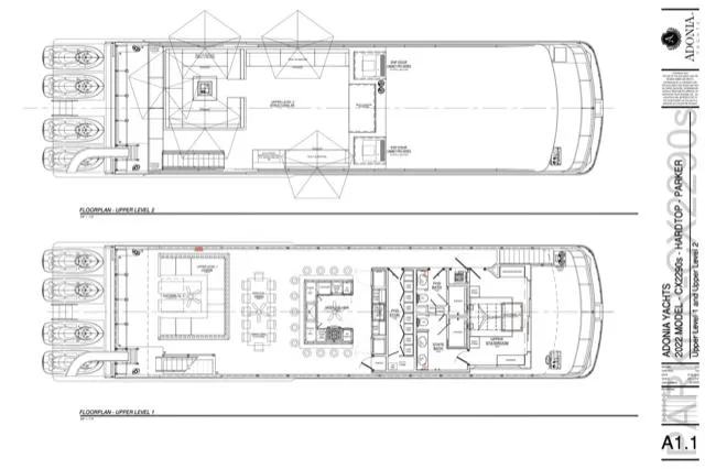Slide: The Image of Blueprint of Adonia Meticulous Share #7 yacht, 2023 model, showcasing upper deck layouts. - 21