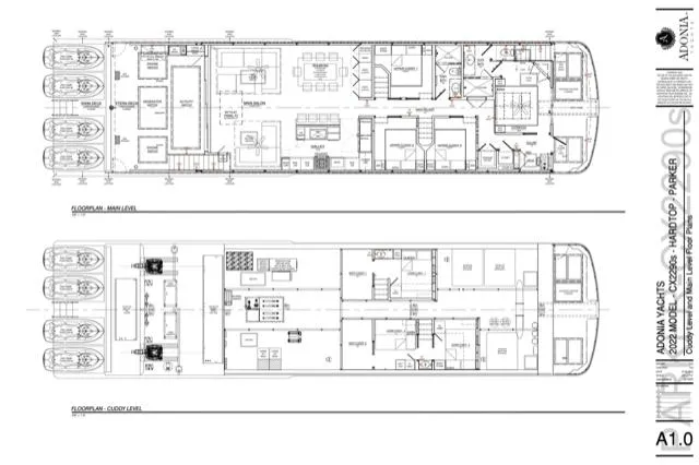 Slide: The Image of Blueprint of Adonia Meticulous Share #7 yacht, 2023 model, showcasing detailed floor plans. - 22