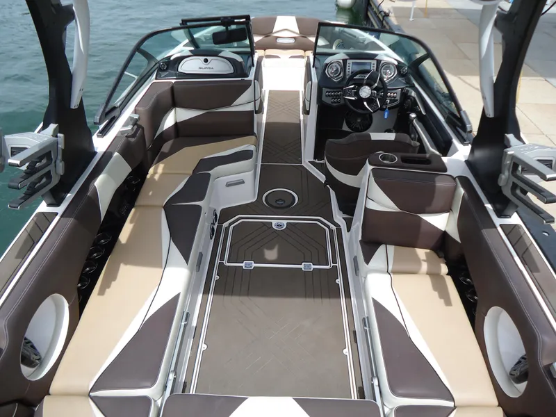 Slide: The Image of 2018 Supra SL boat interior with modern design and spacious seating. - 25