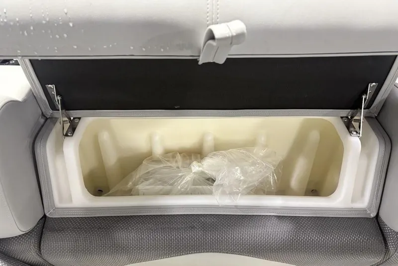 Slide: The Image of 2023 Regency 230 DL3 boat storage compartment with open lid and plastic cover inside. - 43