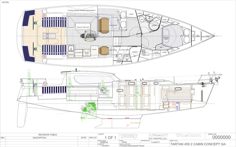 Slide: The Image of Tartan 455 2025 yacht floor plan, 2-cabin concept layout, detailed interior and exterior design. - 30