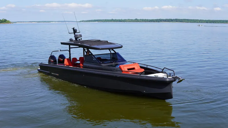 Slide: The Image of 2020 BRABUS Shadow 900 Sun Top boat on calm water, clear sky background. - 7