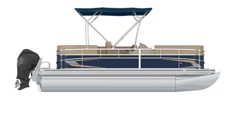 Slide: The Image of 2023 Starcraft LX 16 R pontoon boat with blue and beige design. - 16