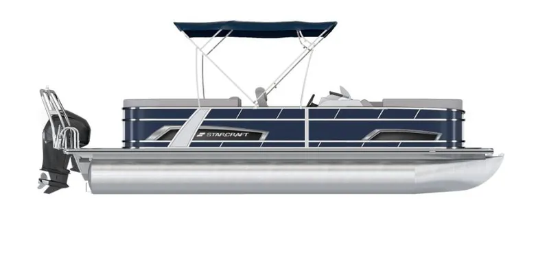 Slide: The Image of 2023 Starcraft EX 22 R pontoon boat with blue exterior and canopy. - 29