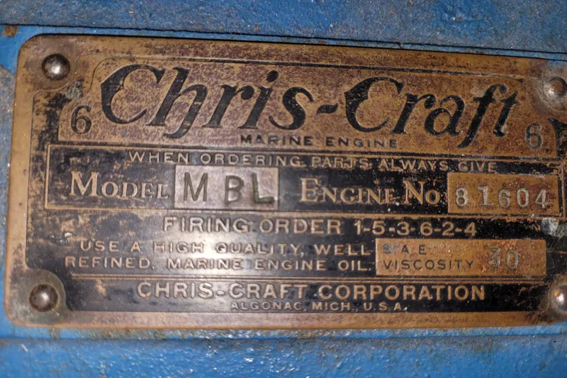 Slide: The Image of 1953 Chris-Craft HOLIDAY 24 marine engine nameplate, Model MBL, Engine No. 81604. - 29