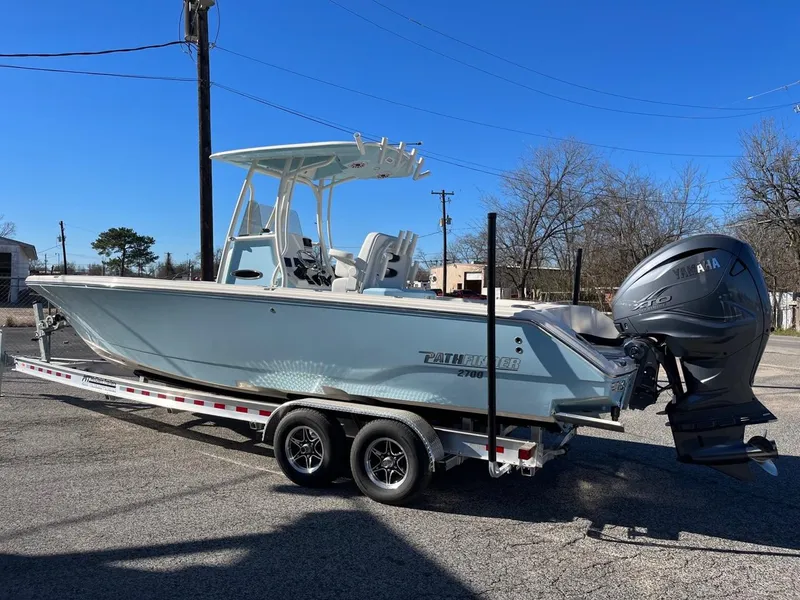 Slide: The Image of 2023 Pathfinder 2700 Open boat on a trailer with outboard motor. - 4