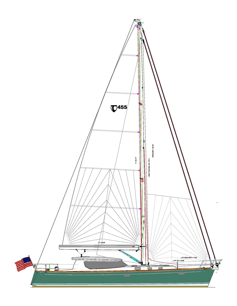 Slide: The Image of 2025 Tartan 455 sailboat side view with American flag - 28