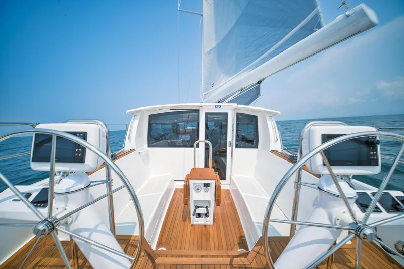 Slide: The Image of Modern Tartan 455 sailboat cockpit with dual steering wheels, 2025 model, sailing on open sea. - 7