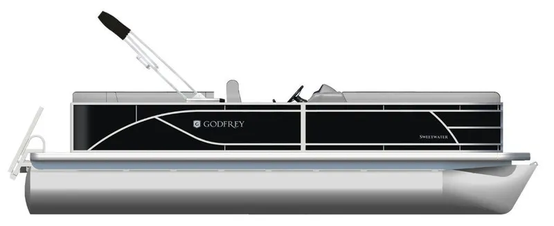 Slide: The Image of 2023 Godfrey SW 2286 MT pontoon boat, side view, black and silver design. - 1