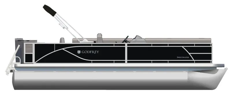 Slide: The Image of 2023 Godfrey SW 2286 FS pontoon boat, side view, black and white design. - 2