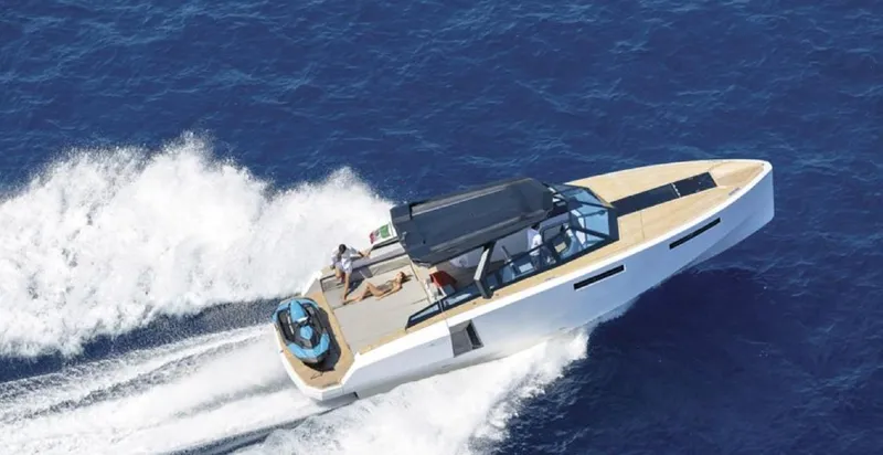 The Image of Evo Yachts 43 (2017) cruising on open water, aerial view. - 1