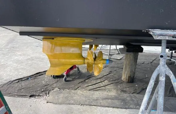 Slide: The Image of Close-up of 2017 Evo Yachts 43 propeller and rudder during maintenance. - 27