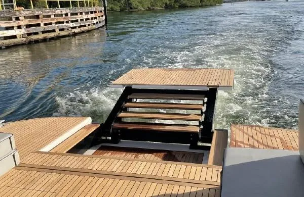 Slide: The Image of 2017 Evo Yachts 43 with extended swim platform on the water. - 5