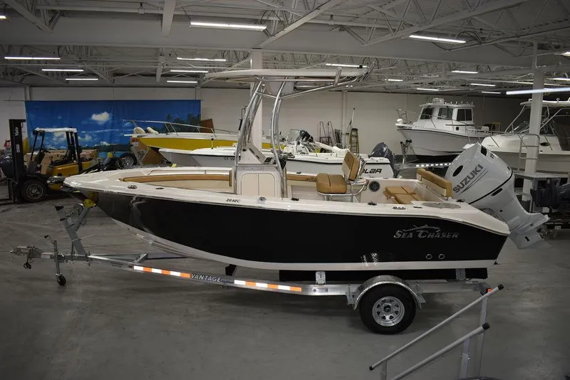 Slide: The Image of 2023 Sea Chaser 20 HFC boat on trailer in indoor showroom. - 6
