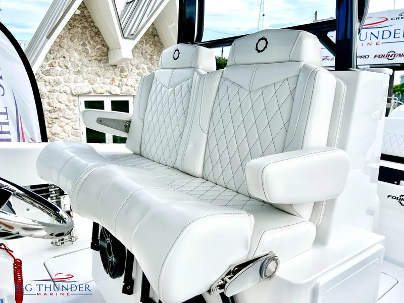 Slide: The Image of 2023 Fountain 38 TE boat with luxurious white leather seating. - 35