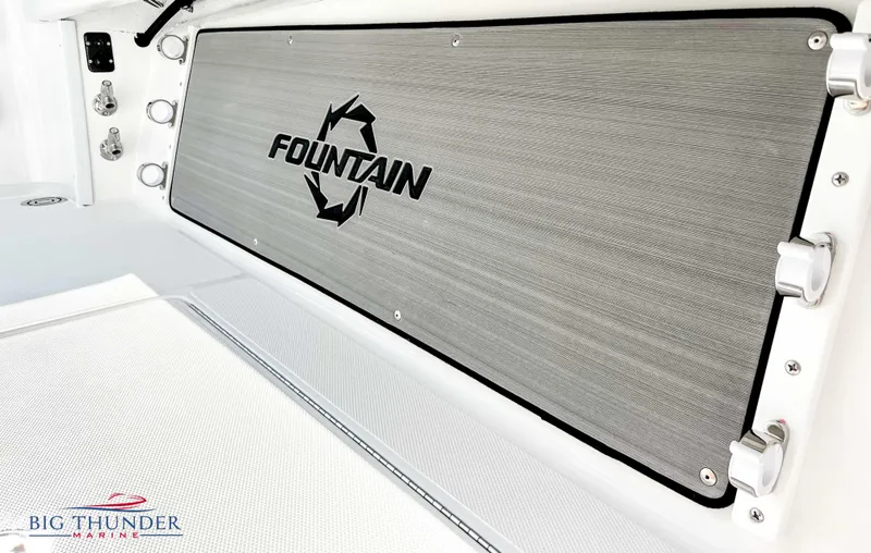 Slide: The Image of 2023 Fountain 38 TE boat interior with logo and Big Thunder Marine branding. - 39