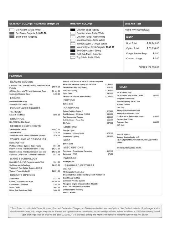 Slide: The Image of 2023 Axis T235 features and pricing details, including exterior and interior color options. - 13