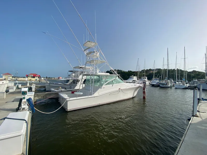 The Image of 2003 Cabo Express boat docked in a marina with clear skies. - 0