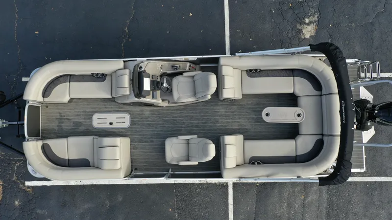 Slide: The Image of Top view of a 2022 Premier 250 Solaris RF pontoon boat with spacious seating. - 7