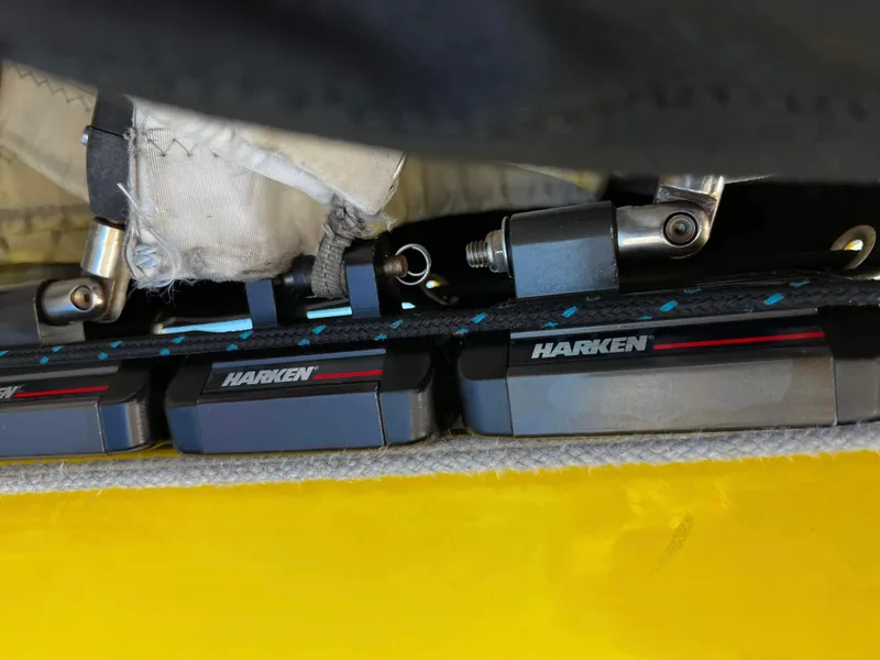 Slide: The Image of Close-up of Harken sailboat hardware on a 1992 Robertson Custom Catamaran. - 47