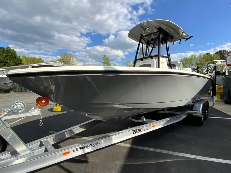 Slide: The Image of 2024 Pathfinder 2400 Open boat on trailer, side view, outdoors. - 6