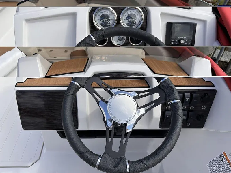 Slide: The Image of 2023 Starcraft SVX OB 191 OB boat dashboard with steering wheel and gauges. - 12