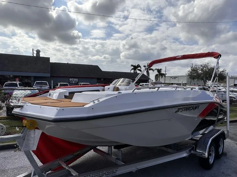 Slide: The Image of 2023 Starcraft SVX OB 191 OB boat on a trailer, outdoor display. - 6