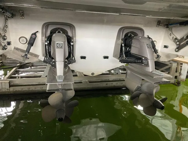 Slide: The Image of 2018 Cobalt A40 Coupe dual outboard motors in water. - 19