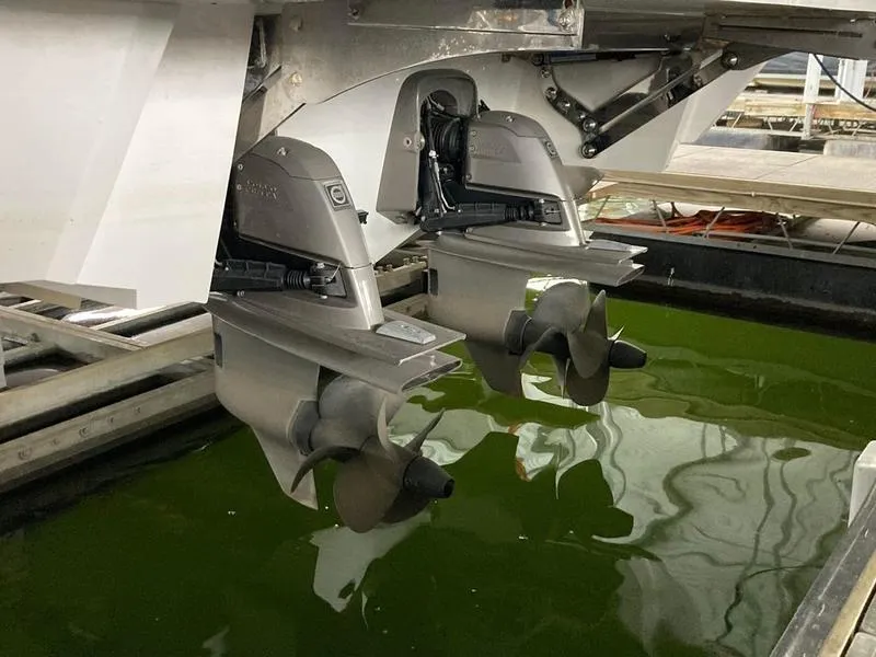 Slide: The Image of 2018 Cobalt A40 Coupe dual outboard motors in water. - 21