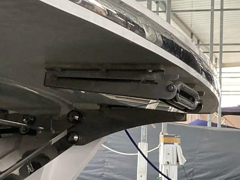 Slide: The Image of Close-up of 2018 Cobalt A40 Coupe boat hull in a storage facility. - 23
