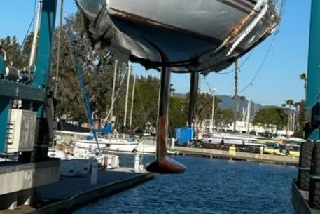 Slide: The Image of 1996 Custom 100' Sailing Yacht in dry dock for maintenance at marina. - 37
