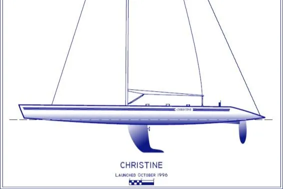 Slide: The Image of Blueprint of a 1996 custom 100-foot sailing yacht named "Christine," launched in October. - 48