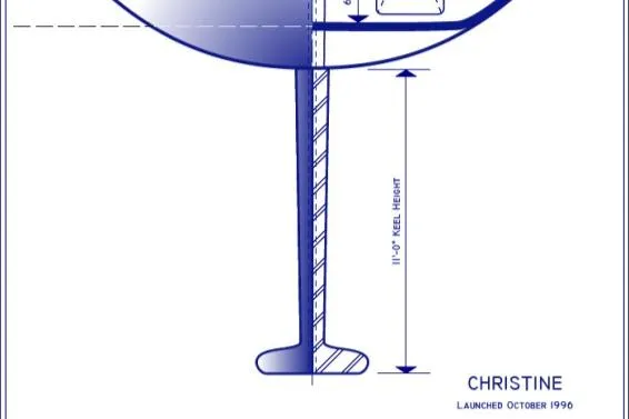 Slide: The Image of Blueprint of a 1996 custom 100' sailing yacht, featuring an 11' keel height. - 49