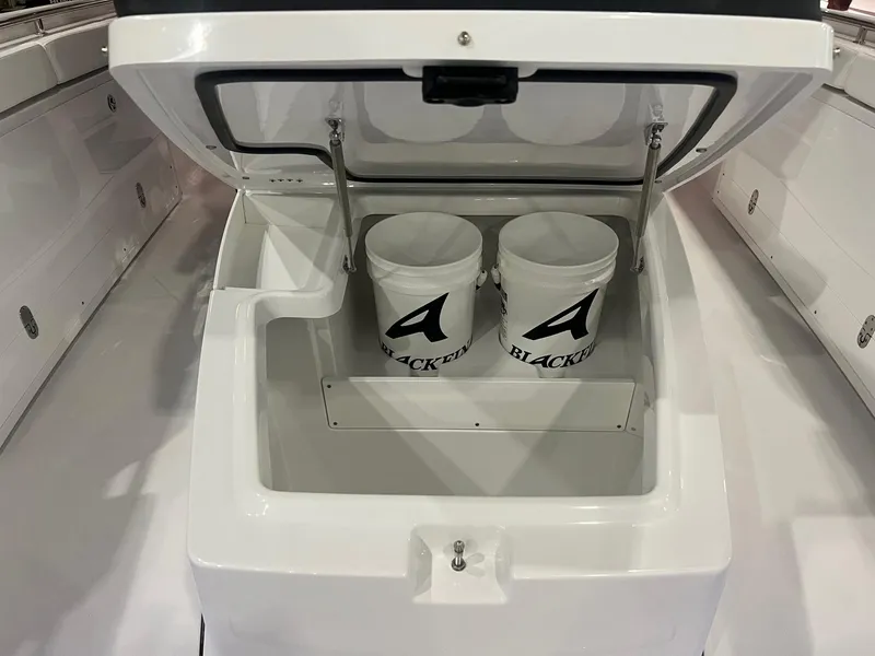 Slide: The Image of 2023 Blackfin 332 CC storage compartment with two branded buckets. - 28