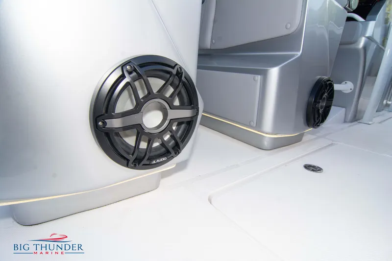 Slide: The Image of Close-up of 2023 Fountain 38 SC boat speakers and interior details. - 27
