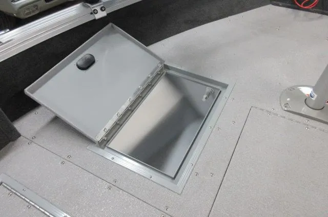 Slide: The Image of 2023 Smoker Craft Pro Angler XL 171 storage compartment with open hatch. - 12