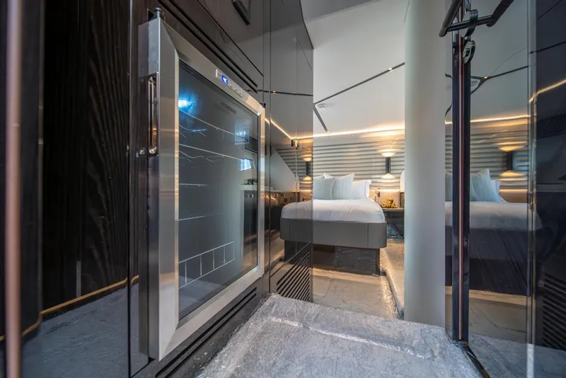 Slide: The Image of Luxurious interior of 2025 Sunseeker Predator 55 yacht, featuring modern bedroom and sleek design. - 45