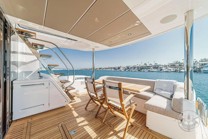Slide: The Image of Luxurious 2025 Sunseeker Manhattan 68 yacht deck with seating and ocean view. - 2