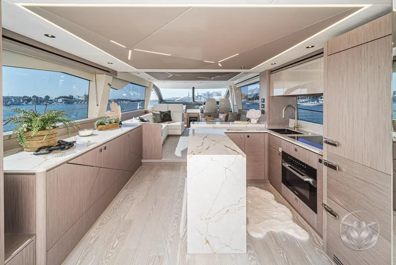 Slide: The Image of Luxurious interior of 2025 Sunseeker Manhattan 68 yacht with modern kitchen design. - 4