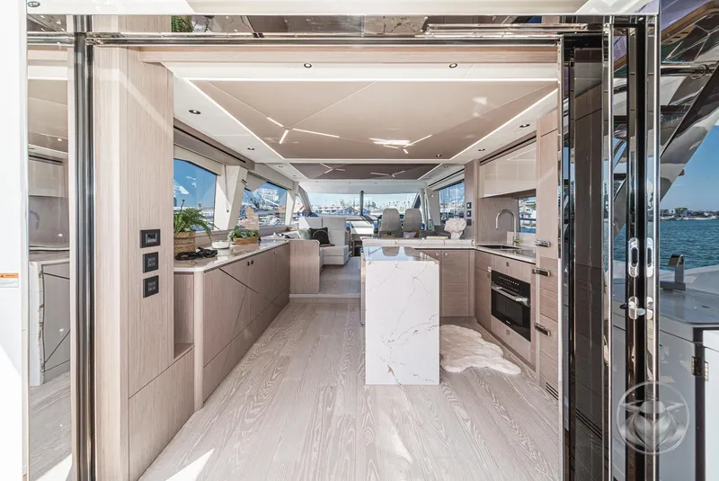 Slide: The Image of Luxurious interior of 2025 Sunseeker Manhattan 68 yacht with modern kitchen design. - 41