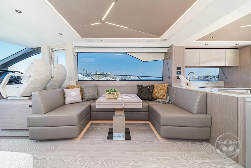 Slide: The Image of Luxurious interior of 2025 Sunseeker Manhattan 68 yacht with modern seating and panoramic views. - 45